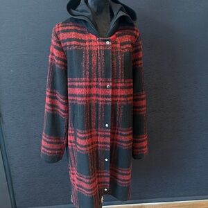 Vince Camuto Red and Black Plaid Pea Coat